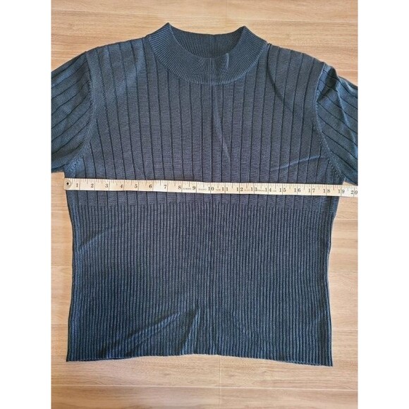 Blue Ribbed Sweater Shirt Short Sleeve Mock Neck Knit Top Casual Stretchy Tee - Picture 5 of 5